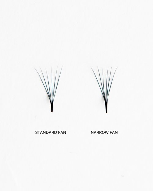 A standard Fan compared to a Narrow Fan for volume eyelash extensions.