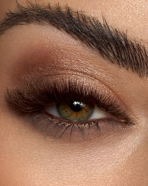 A close up of a model's eye with Brunette eyelash extensions applied.