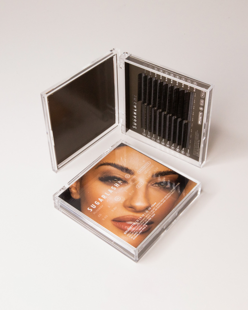 An open and closed tray of Brunette Lashes for eyelash extensions.
