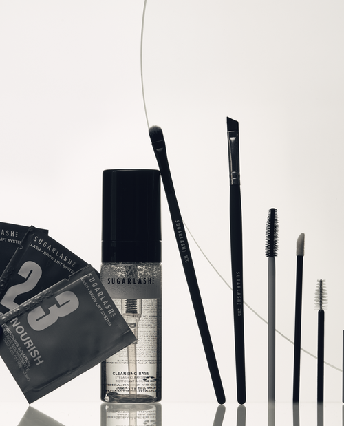 Image of full eyebrow lamination kit including nourishing solutions, mascara wands.