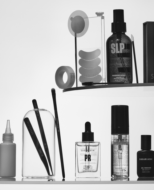 an image including tweezers, gel removers. finishing spray, cleansing brush, eye pads, mascara wands. lash glue., lash wands.