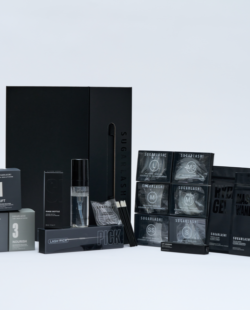 Image of Lash Lift kit including tools, solutions and eye pads.