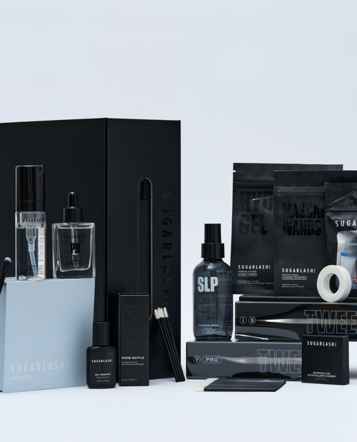 an image including tweezers, gel removers. finishing spray, cleansing brush, eye pads, mascara wands. lash glue., lash wands.