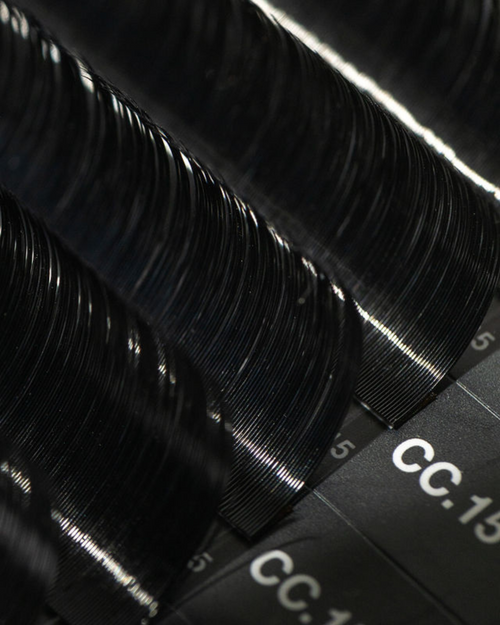 A close up of Plush eyelash extensions in their tray.