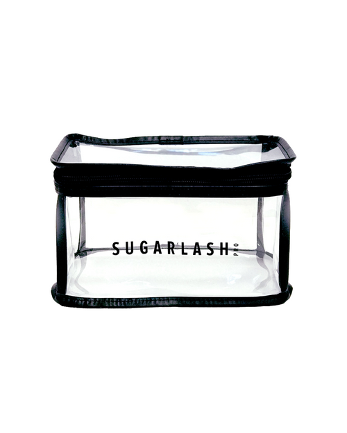 Front view of clear vinyl cosmetic bag.