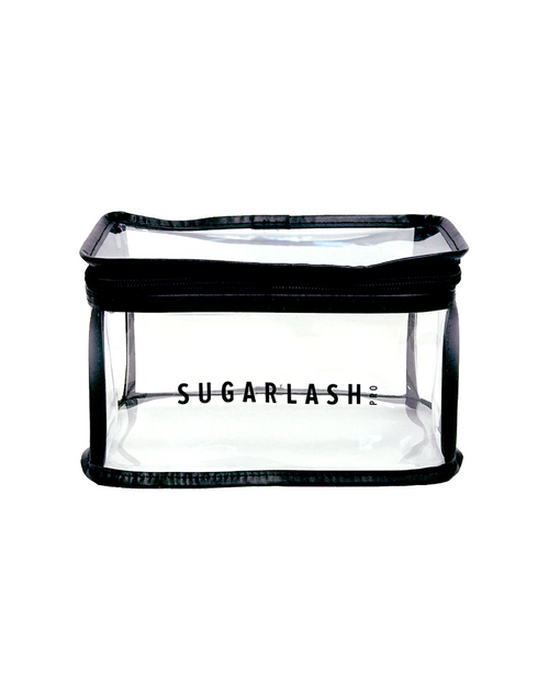 Front view of clear vinyl cosmetic bag for travel lash lift kit