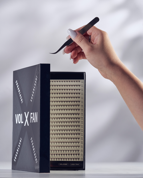 Tweezer holding a VOL-X Standard Pre-made eyelash extensions fan above an open VOL-X lash tray.