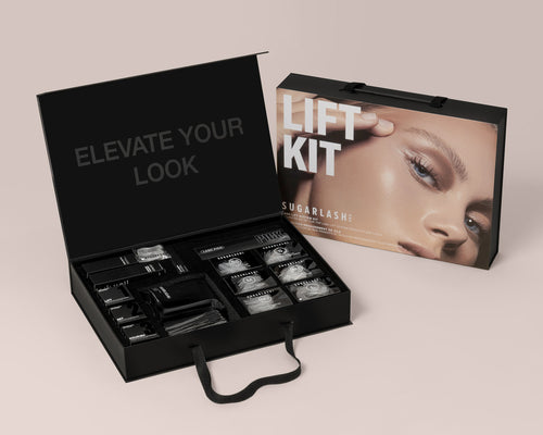 One closed and one open Lash Lift Kit displaying the products inside the box.