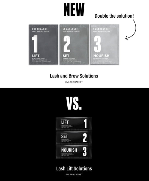 Lash and Brow Lamination sachets versus Lash Lift Solution Shields. 