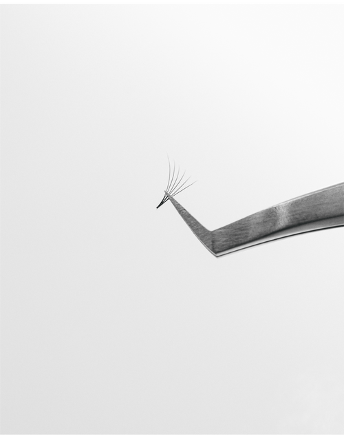 Tweezers holding a VOL-X Loose Pre-made Fan for eyelash extensions.