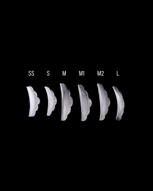 A comparison of SS, S, M, M1, M2, and L Lash Lift Shields.