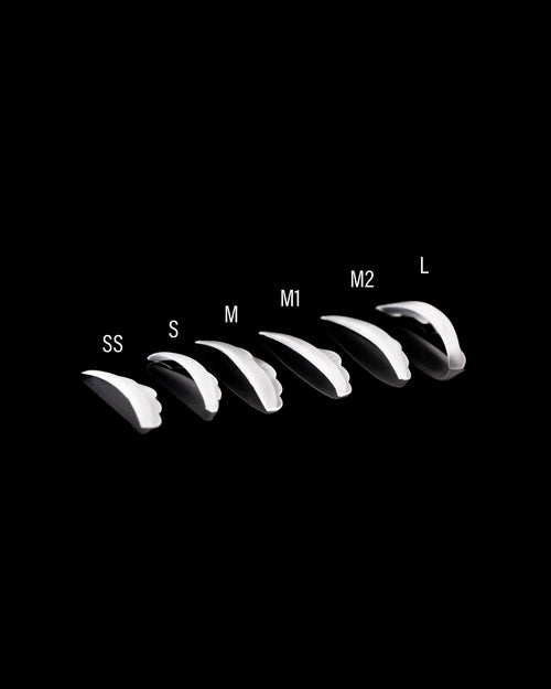 A line up of SS, S, M, M1, M2, and L Professional Lash Lift Shields.