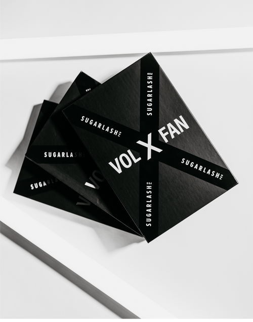 Stacked trays of VOL-X Pre-made Fans, eyelash extensions