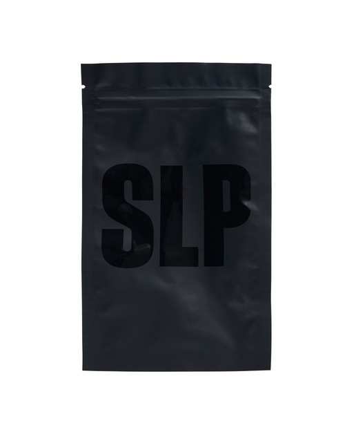 A SLP labelled black resealable bag.