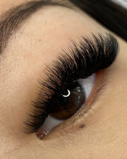 A close up of a model's eye with eyelash extensions.