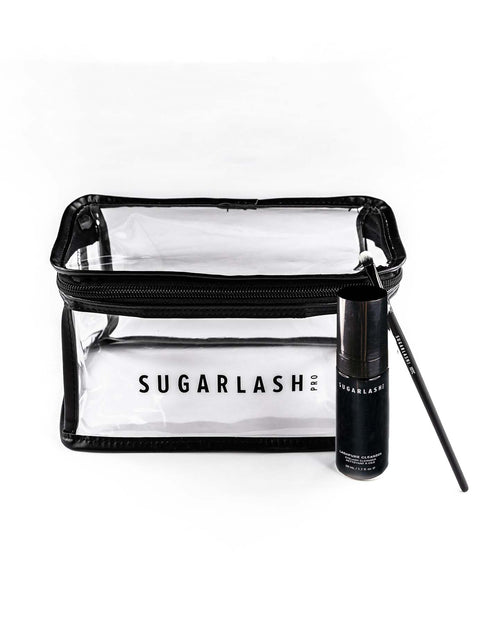 Lash extension cleanser, lash extension cleansing brush and travel case for lash extensions
