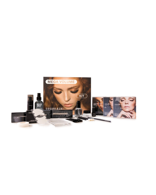 Mega Volume Kit for eyelash extensions with included products displayed around it.